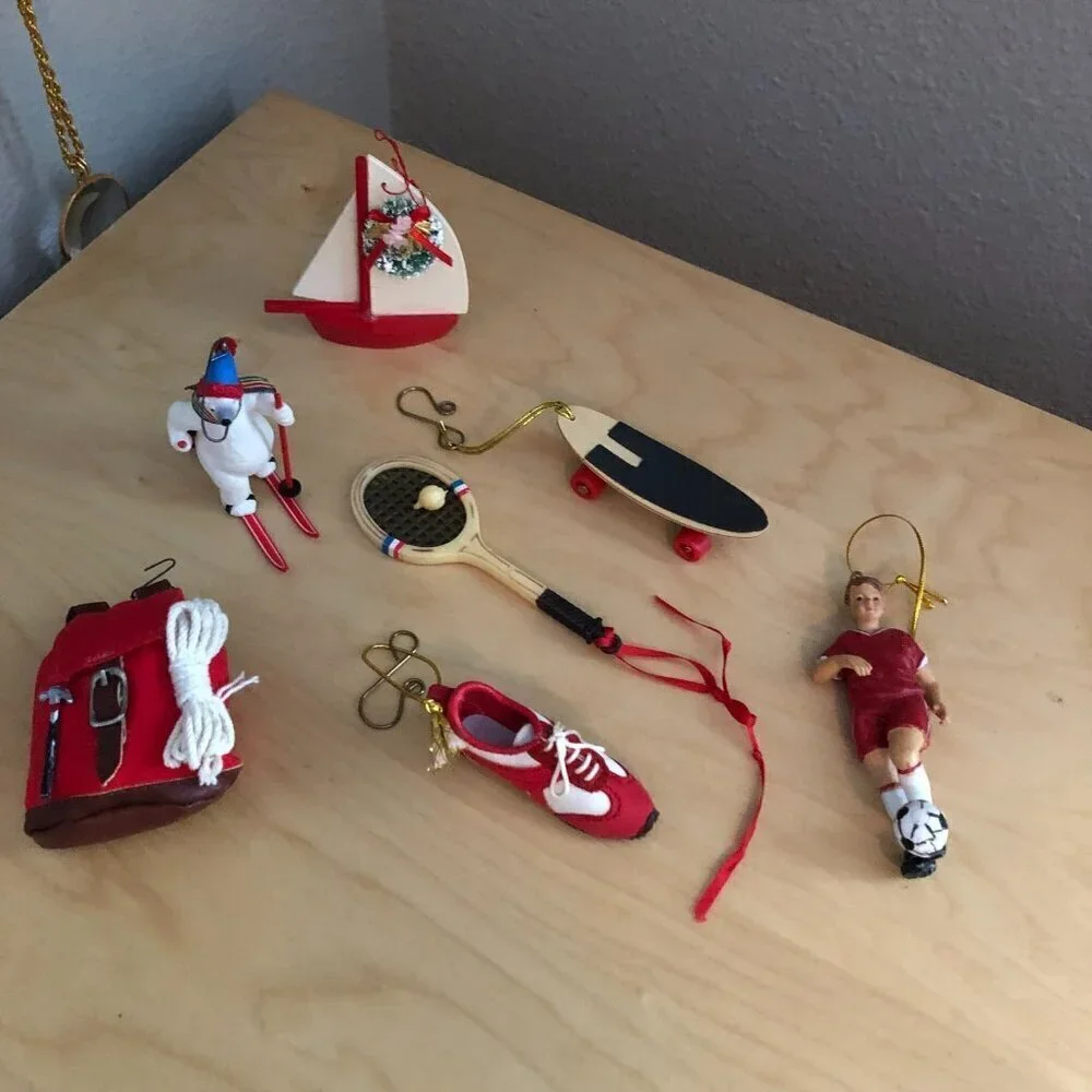 Vintage Christmas Ornament LOT of 7 Painted Wood Unique Pieces Athletic Theme